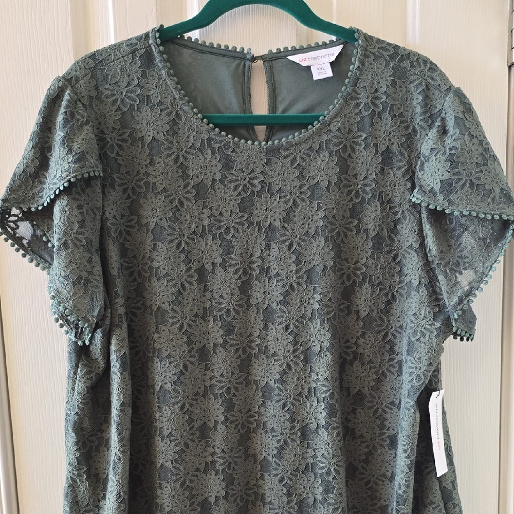 LIZ CLAIBORNE WOMEN'S PLUS OLIVE GREEN SHORT SLEEVES LINED LACY TOP SIZE XXL